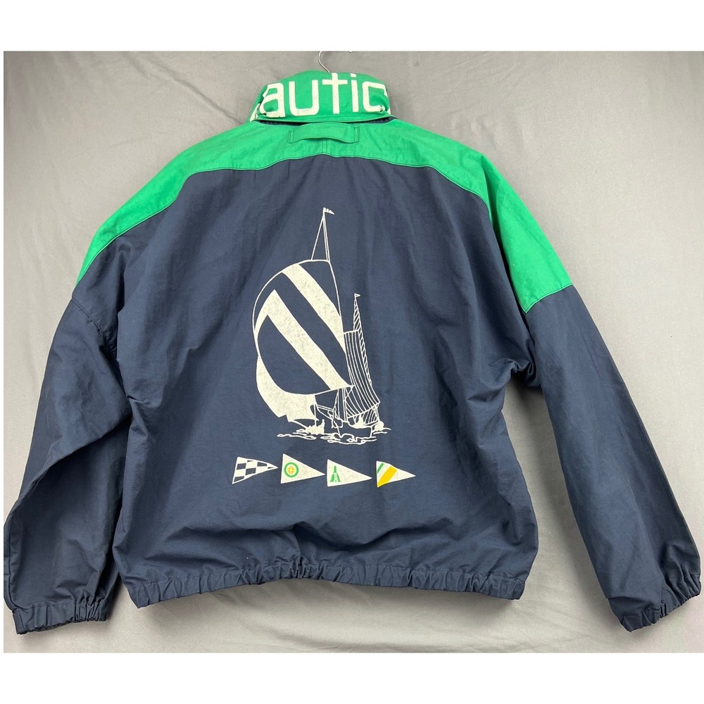 Nautica Jacket Mens LRG Vintage Sailing Windbreaker AOP Navy Green Sailboat Good